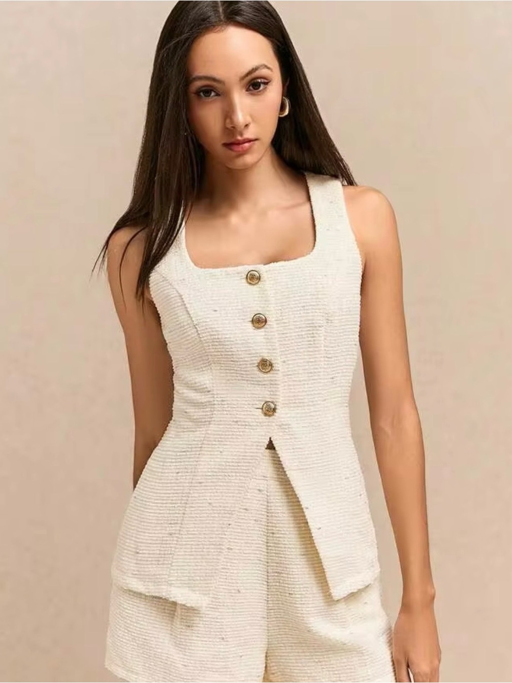 SHEIN Cream Tweed Button Front Square Neck Tank